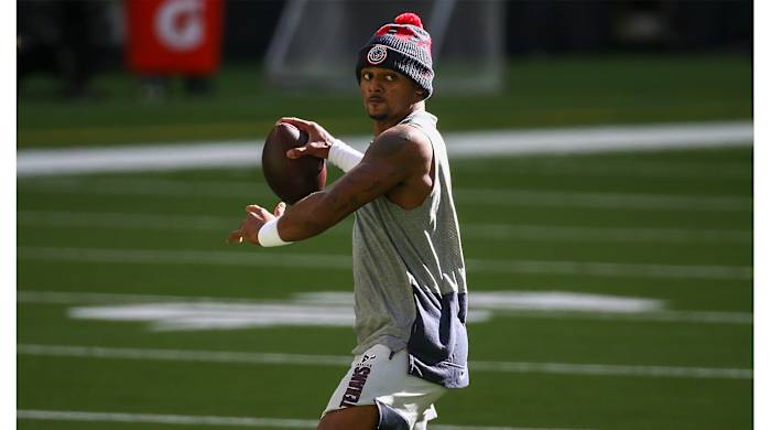 Jan 3, 2021; Houston, Texas, USA; Houston Texans quarterback Deshaun Watson (4) warms up before a game against the Tennessee Titans at NRG Stadium.